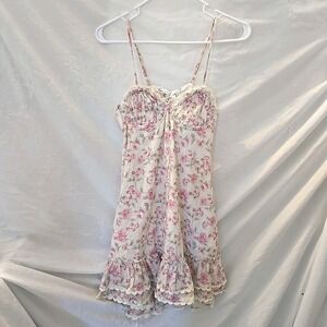 Sky To Moon Floral Mini Dress Fitted Bodice Lace Trim Romantic Cottagecore Sz L